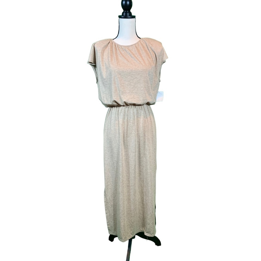 WAYF Cap Sleeve Padded Shoulder Tan Sand Midi Side Slit Dress - Small